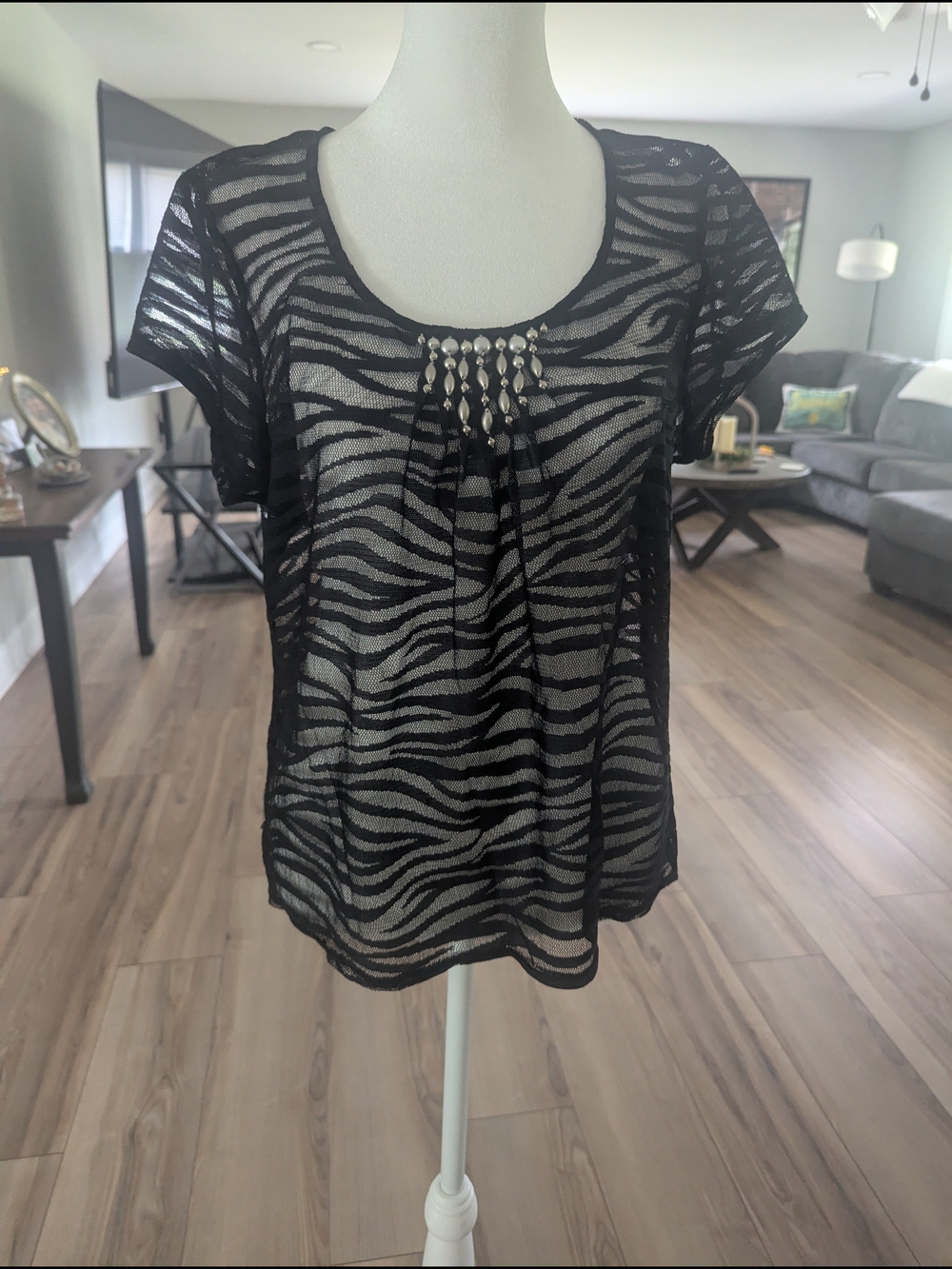 Ruby Rd. Black Zebra Sheer Short Sleeve Top with Beaded Detail